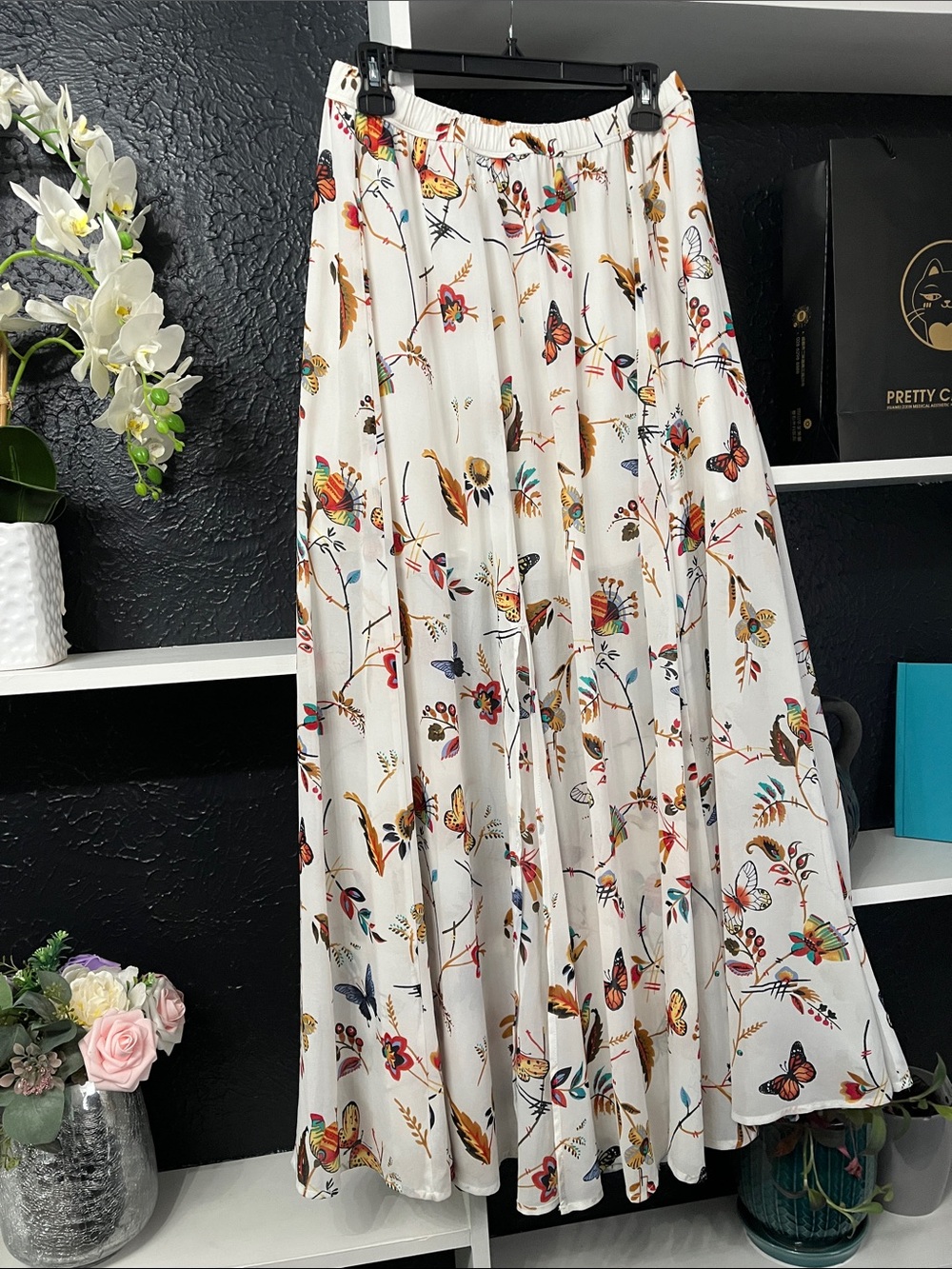 Abercrombie & Fitch White Maxi Skirt with Multicolor Butterfly & Floral Print